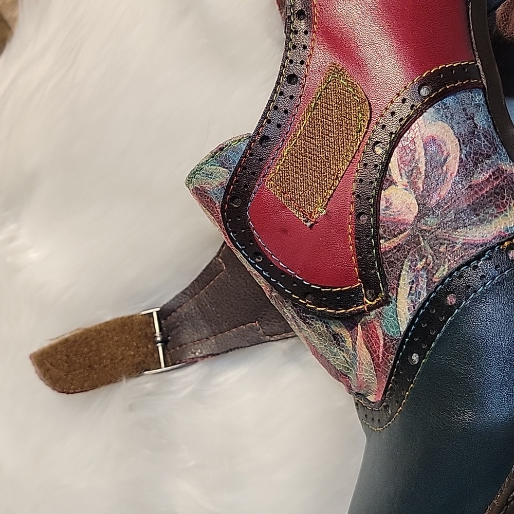 CRAZYCATZ Victorian Boho Floral Hand Painted Oxford Chunky‎ Bootie Block Heels 8 - Picture 12 of 13